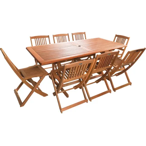 Salon de jardin HABITAT ET JARDIN Hongkong en bois exotique – Table fixe & 8 chaises pliantes