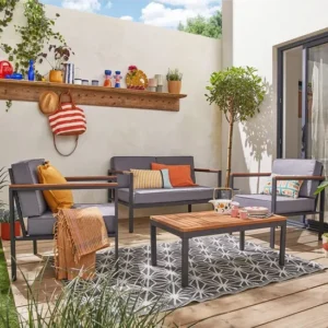 Salon de jardin BEST MOBILIER Bamaga – Ensemble 4 places en bois, métal & coussins gris