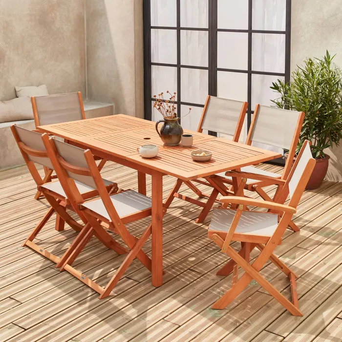Salon de jardin SWEEEK Almeria en bois extensible – Table (120/180 cm) avec rallonge, 2 fauteuils & 4 chaises