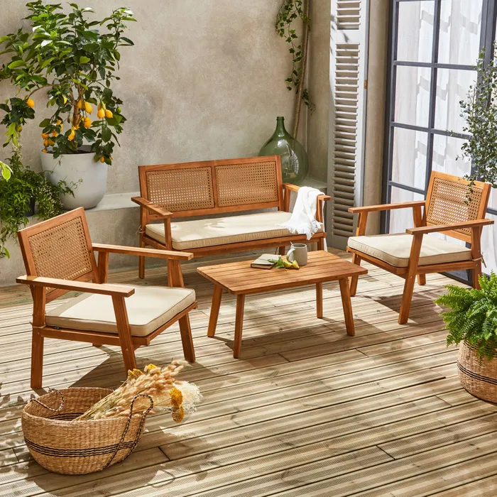 Ensemble de jardin SWEEEK Bohemia en rotin – Canapé 2 places, 2 fauteuils & table basse