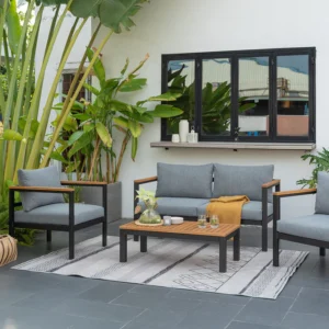 Scancom-Syvelis | Salon de Jardin Luxe – 4 Places, Coussins Gris Foncé, Structure Élégante et Résistante