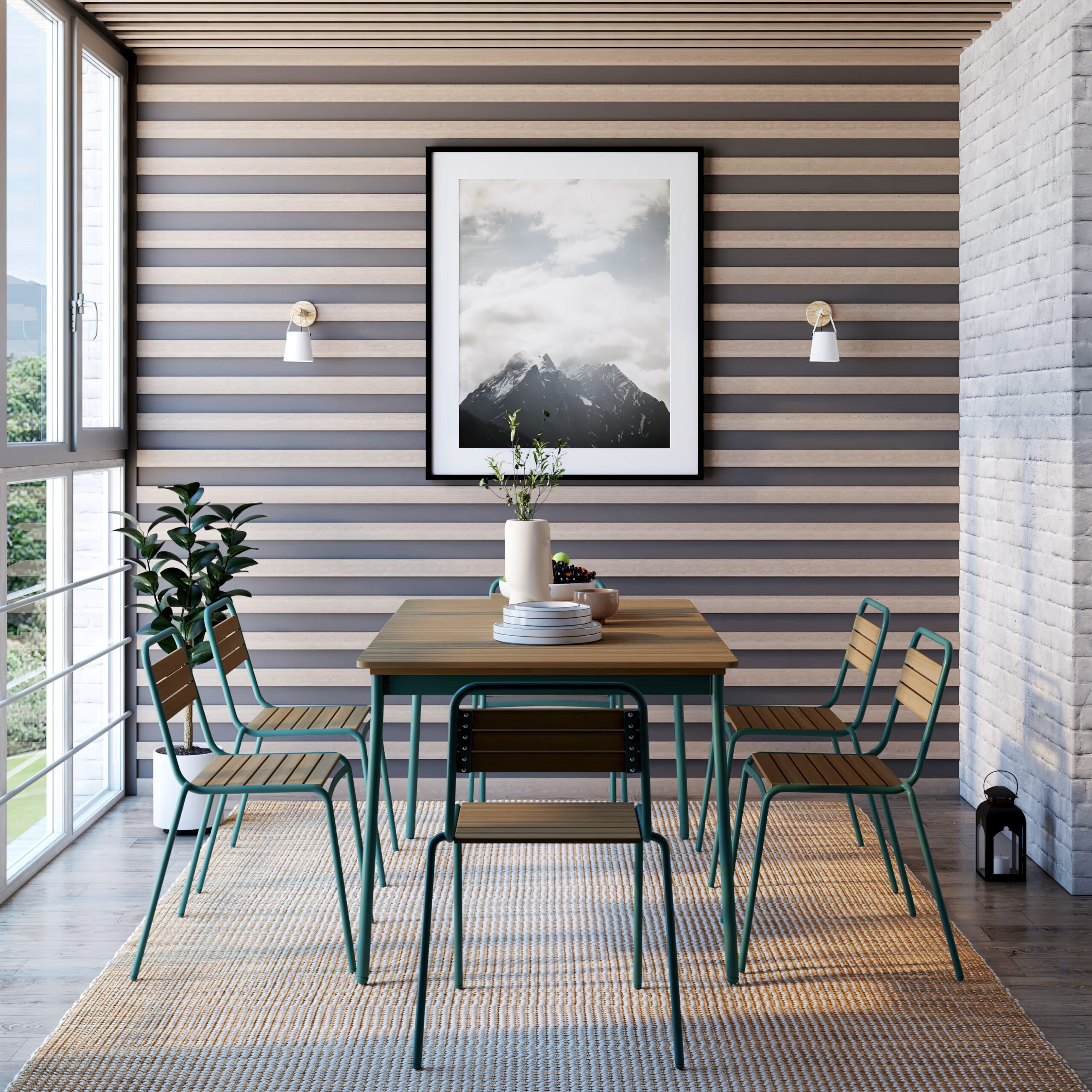 Celvian™ | Ensemble de Salle à Manger d’Extérieur Luxueux – 6 Places, Bois Massif & Cadre en Aluminium, Élégantes Touches Bleu Vert Pastel