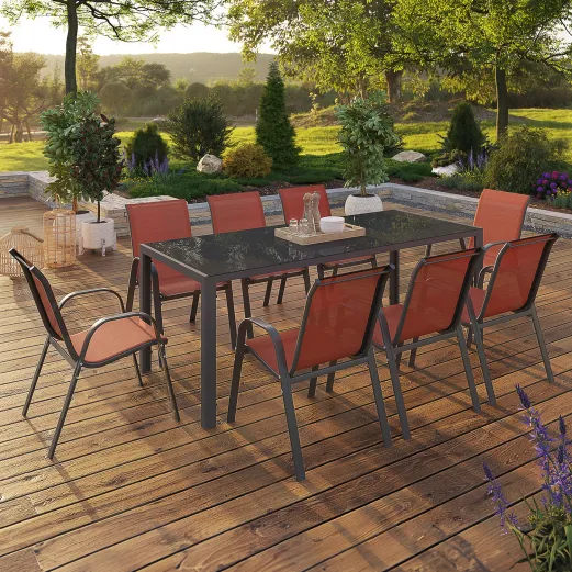 Elaris™ | Salon de Jardin Table 190 CM et 8 Chaises Empilables Terracotta