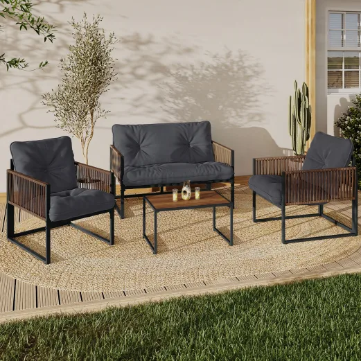 Virelian™ | Salon de Jardin Bas 4 Places Structure Métal Gris Anthracite, Cordage Rattan et Coussins Gris