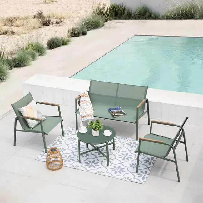 Zevalis™ | Salon de Jardin en Acier et Textilène – Ensemble 4 Places – Vert