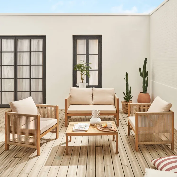 Valmara™ | Salon de Jardin 4 Places – Bois d'Acacia, Cordes Beiges & Coussins Beiges, Canapé 2 Places & 2 Fauteuils