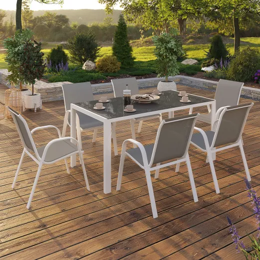 Lunora™ | Salon de Jardin Table 190 CM et 8 Chaises Empilables Blanc et Gris