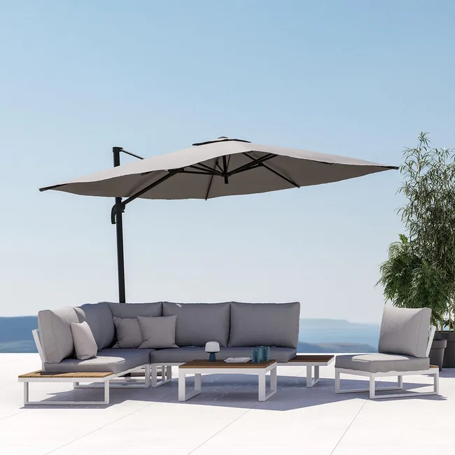 Vellora™ | Parasol Déporté de Luxe – 286x286 cm, Toile Taupe, Aluminium Robuste, Mécanisme Latéral Fluide