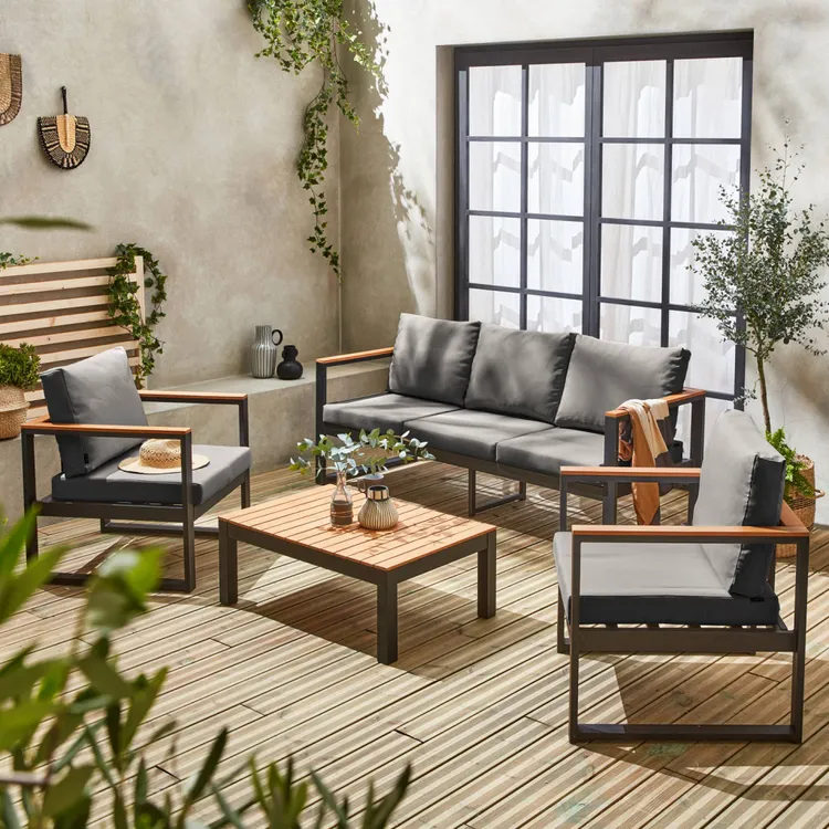 Evadis™ | Salon de Jardin 5 Places – Aluminium et Eucalyptus, Structure Noire, Coussins Gris Foncé