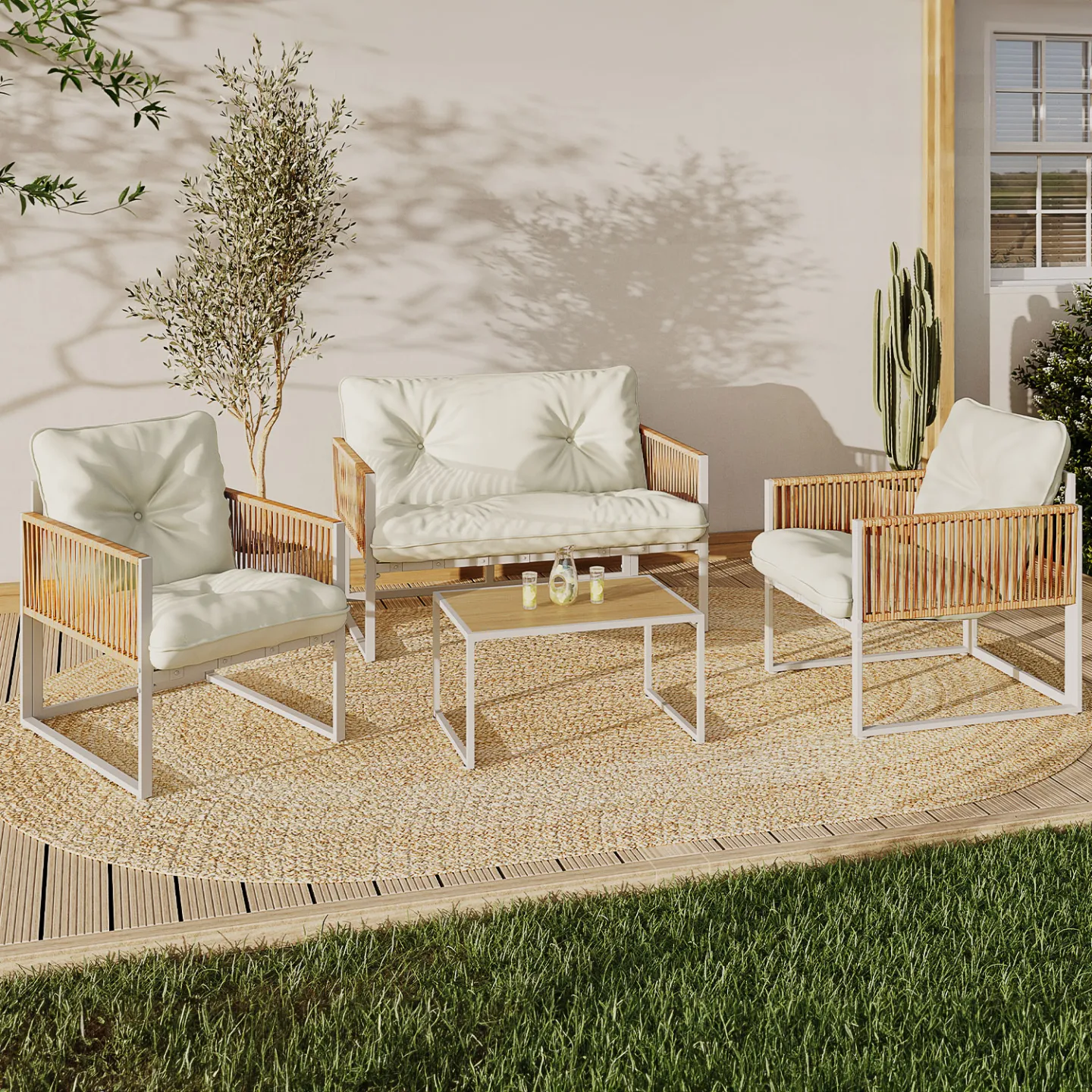 Fiorane™ | Ensemble de mobilier de jardin 4 places – Structure en acier blanc, corde de rotin clair, coussins beige confortables
