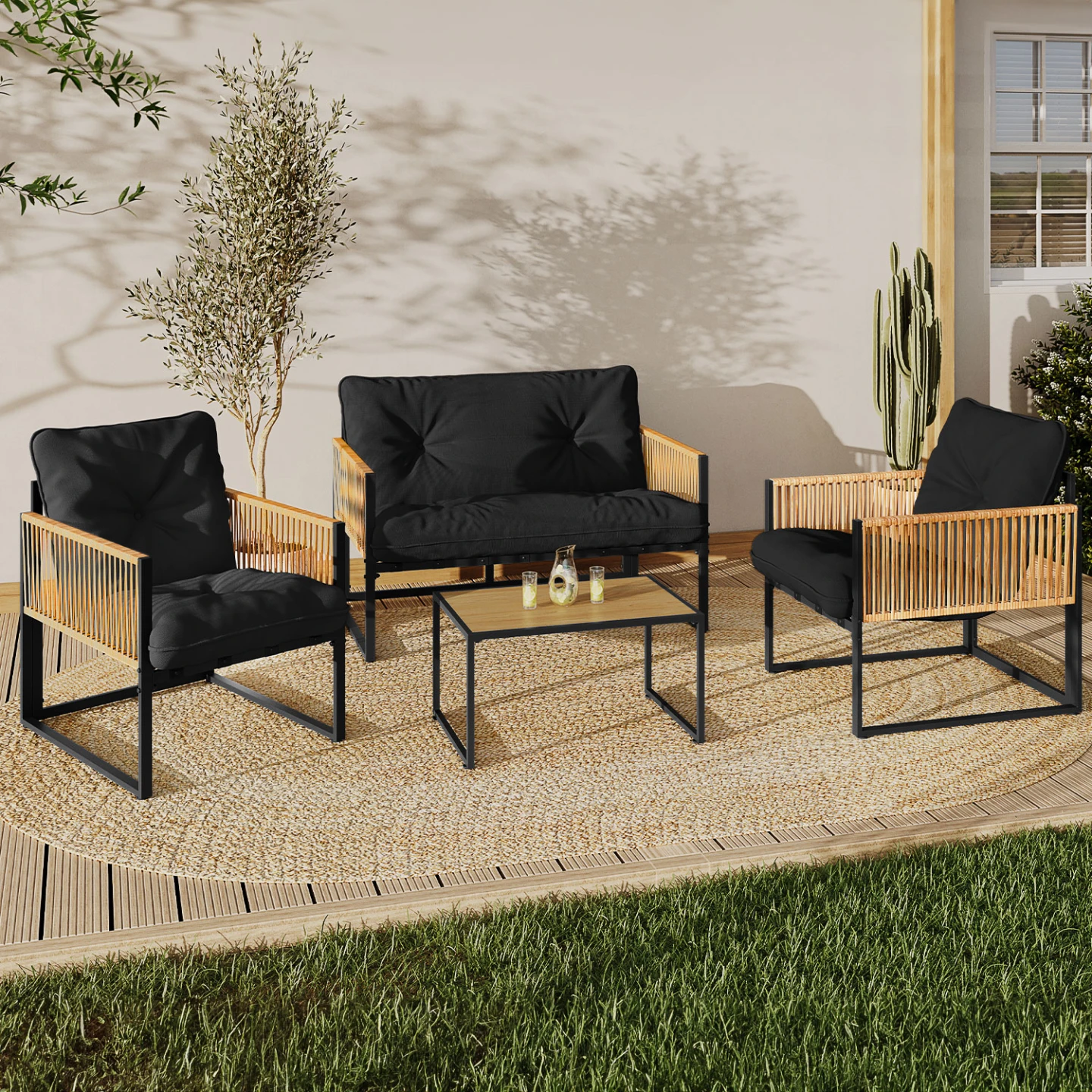 Solena™ | Ensemble Lounge Extérieur Haut de Gamme – 4 Places, Structure en Acier Blanc, Coussins Beiges Confortables